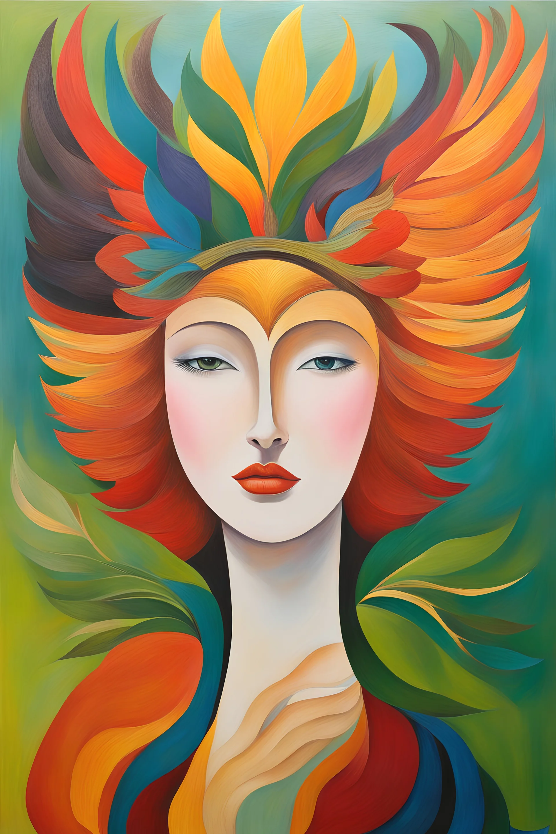 Eco-Minimalism" - Depict the idea of sustainability and eco-consciousness in a minimalist painting that incorporates organic shapes and earthy colors with vibrant rich colors, beyond the limts art, classic modern art, face art phoenix bird mixing with human face , metalic feel