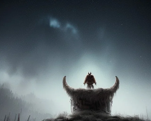 a sad and lonely viking looking up at the stars at night, hyper realistic, 8k, insane detail, atmospheric background, crying eyes, big fur coat, long braided hair, sharp focus, soft background, dynamic lighting, viking helmet, night time