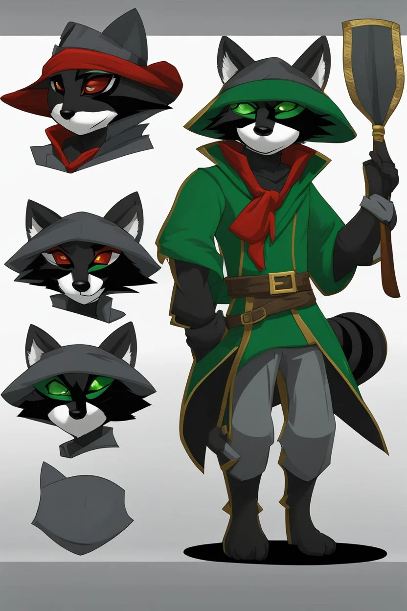 Make a Sly Cooper: Thieves in Time styled oc. He is a raccoon with sleek, charcoal-gray fur and emerald-green eyes. He has a sly and mischievous expression, with a black mask-like pattern around his eyes. He wears a tattered, dark blue bandit's outfit with a red sash and a feathered hat that adds to his roguish charm. He also sports a leather pouch at the base of his tail for carrying stolen treasures.