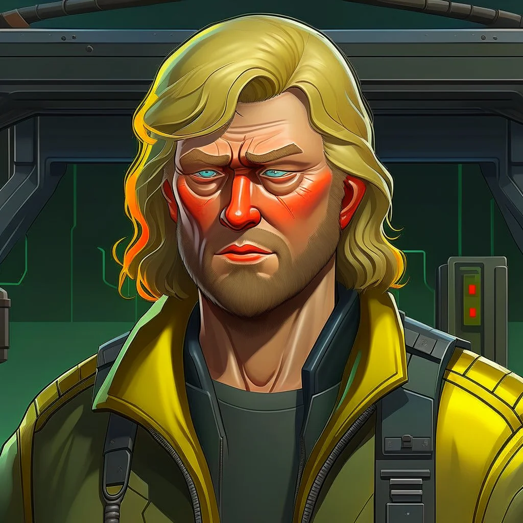 The submarine mechanic Blicke Blocknyckel, a blonde man with a mullet and muttonchops beard realistic grimdark