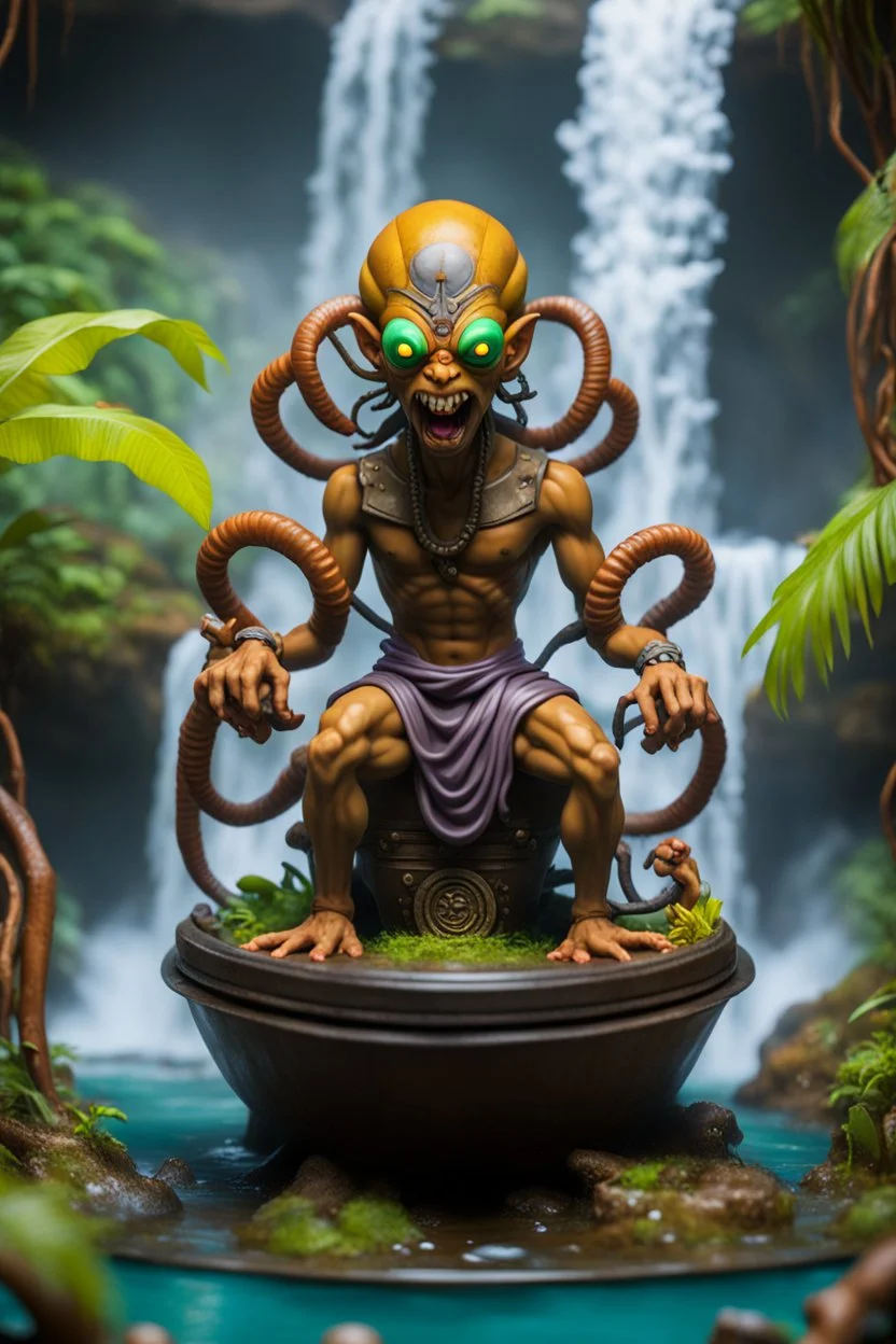 action figure of Dhalsim as an alien electric eel necromancer on round swamp boat beholder eye wheel throne in a charged foggy jungle waterfall