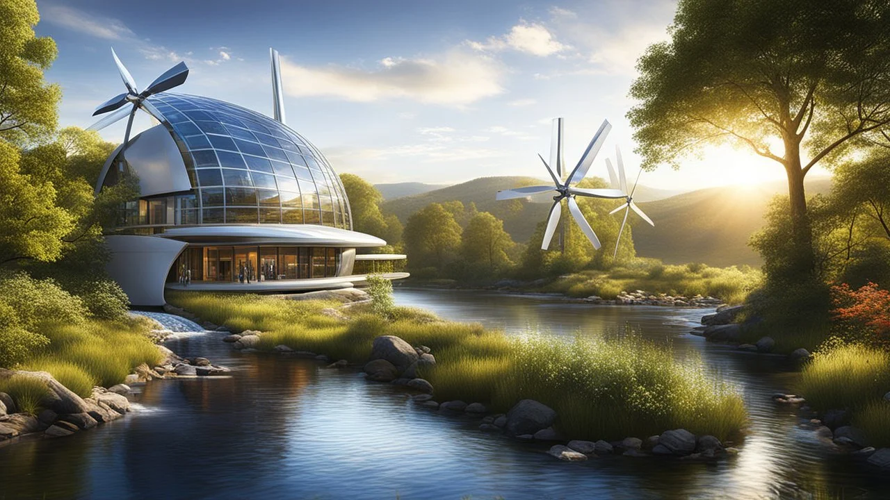 4125. Innovative environmentally-friendly home, wind turbines, solar panels, water wheel in river, alternative energy, scientific experiment, home of the future, fantasy, robotic, automated, spectacular, futuristic, beautiful lighting, attractive composition, photorealistic, extremely detailed, chiaroscuro