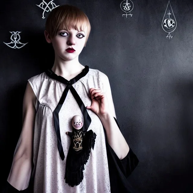 Realistic photo Russian shorthair tomboy with black magic evil forces amulet on the neck boyish face men's look boys face boylike in lacy girlish nightgown in girlish room with amulets of black magic and symbols of evil forces on the wall of the lord of evil and the king of the underworld of evil forces