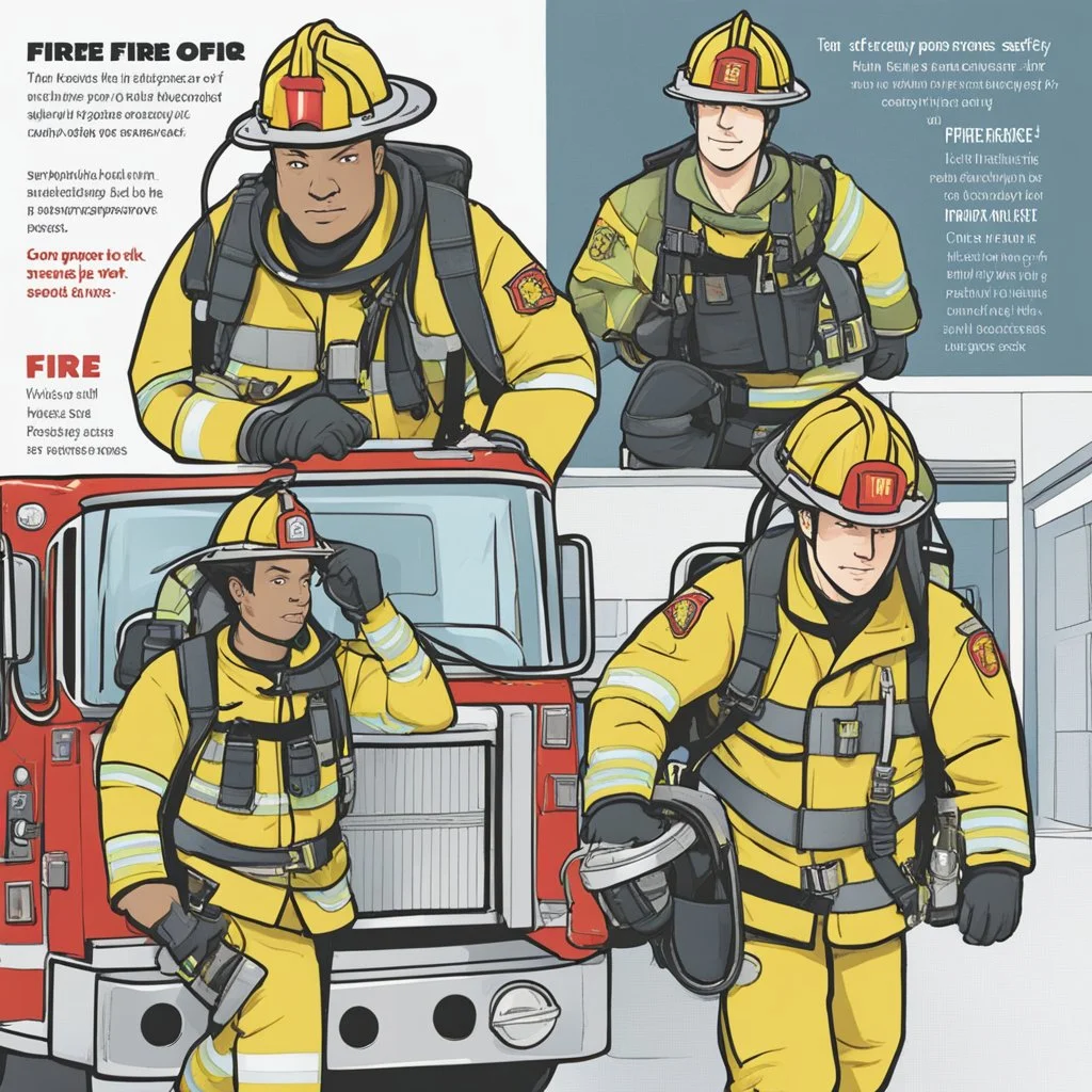 **Content Visual Art:** A graphic novel series featuring a diverse team of firefighters and safety experts, each specializing in different types of fires and safety equipment. The stories educate readers on fire prevention, emergency response, and the importance of inclusive safety measures. The series includes a companion audio description track and simplified visual versions for readers with different needs. **Appearance:** Content art ideas combine fire safety training, types of fires, equipm