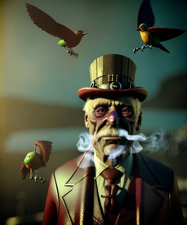 Surreal, steampunk, cabaret scene. Russian old man. Sweat, Birds, Feather, smoking, happy, hot, color fog, people background, highly detailed, concept art, unreal engine 5, god rays, ray tracing, RTX, lumen lighting, ultra detail, volumetric lighting, 3d, finely drawn, high definition, high resolution.