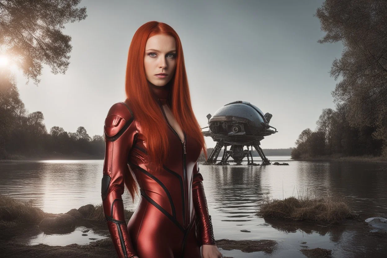 Wide-angle, full body and headshot of a skinny young woman, with long straight red hair, dressed in a robotic-looking catsuit, standing next to a lake with a crashed spaceship.