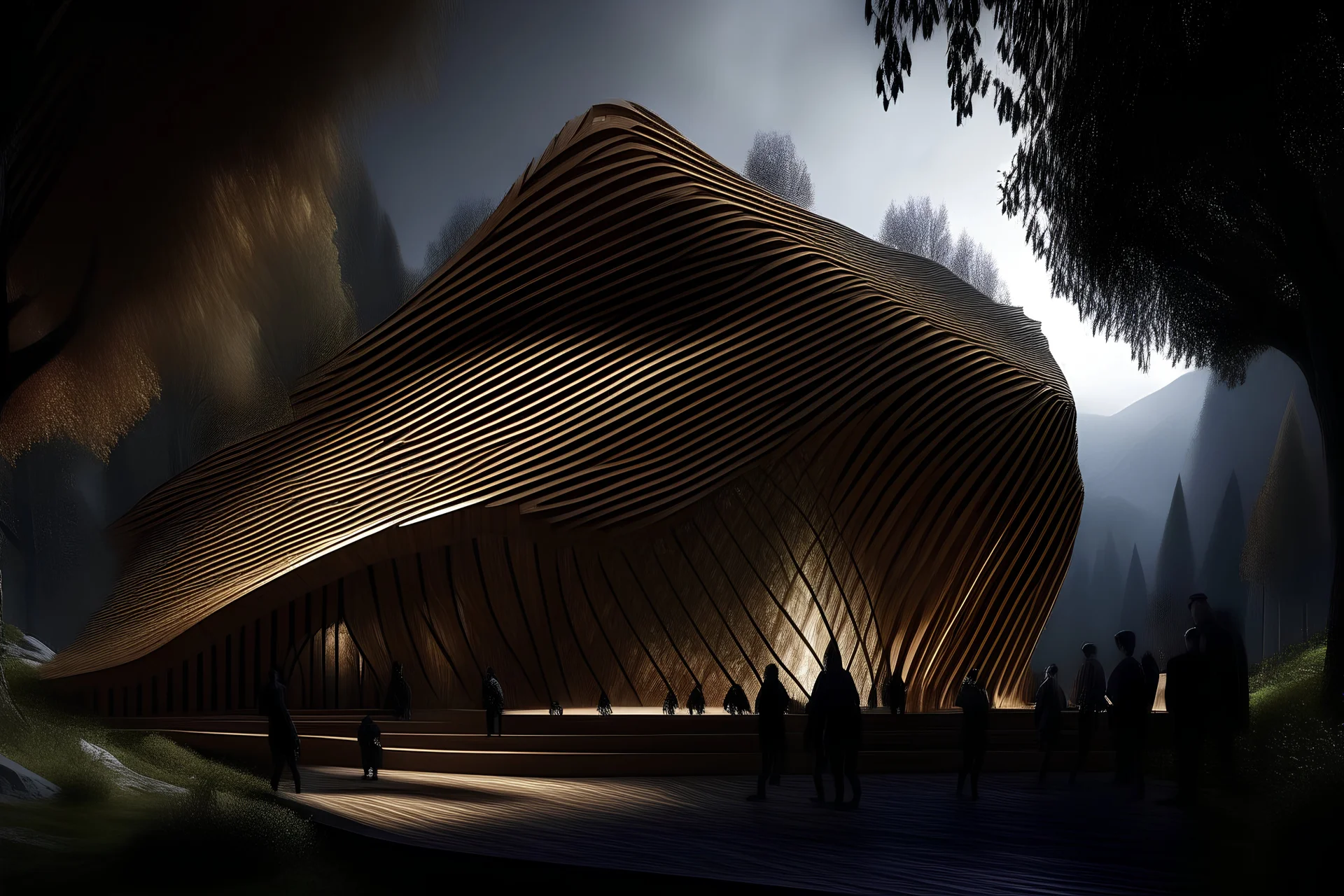 futuristic Iranian theatre with parametric wooden outer skin, vernacular architecture, in jungle of Alborz mountain ranges, wooden structure, sloped roof, wealth of flora, with dancing performance, fog and rain, light ray