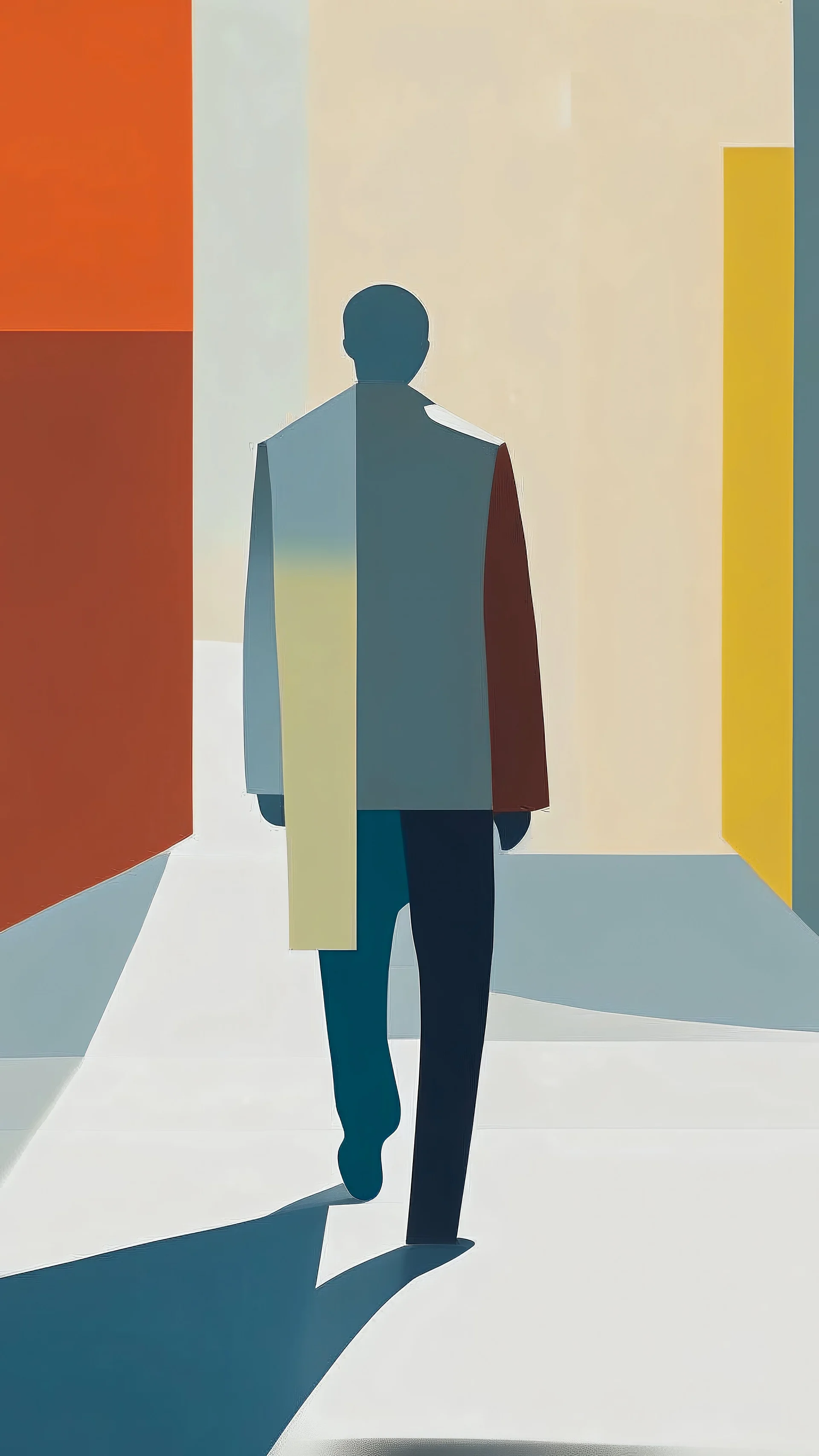 An enigmatic walking man back figure in the style of minimalism, simple shapes, limited color palette, and a focus on the subject's sense of anxiety, inspired by the works of Agnes Martin and Ellsworth Kelly, encouraging the viewer to contemplate the mysteries of the unknown.