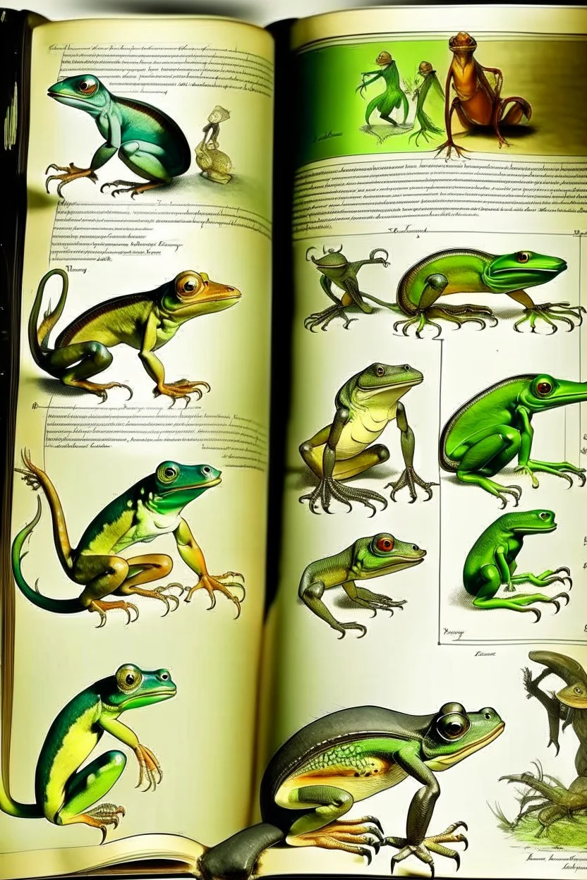 different variations of amphibians montage science book style