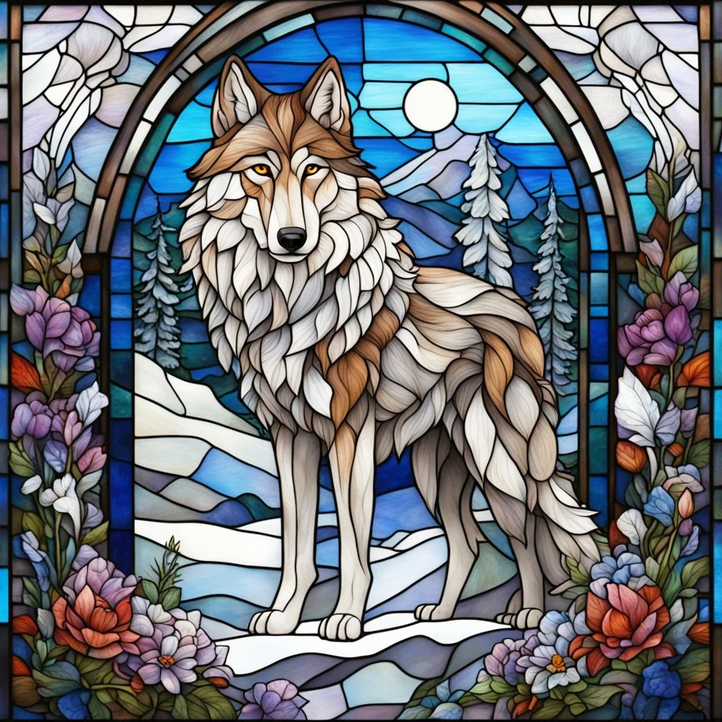 A gorgeous & beautiful wolf i a snow landscape, flowers in the foreground, in stained glass