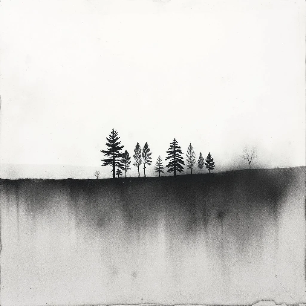 Minimalist rough abstract dusty Charcoal drawing of distant trees on a textured gesso background