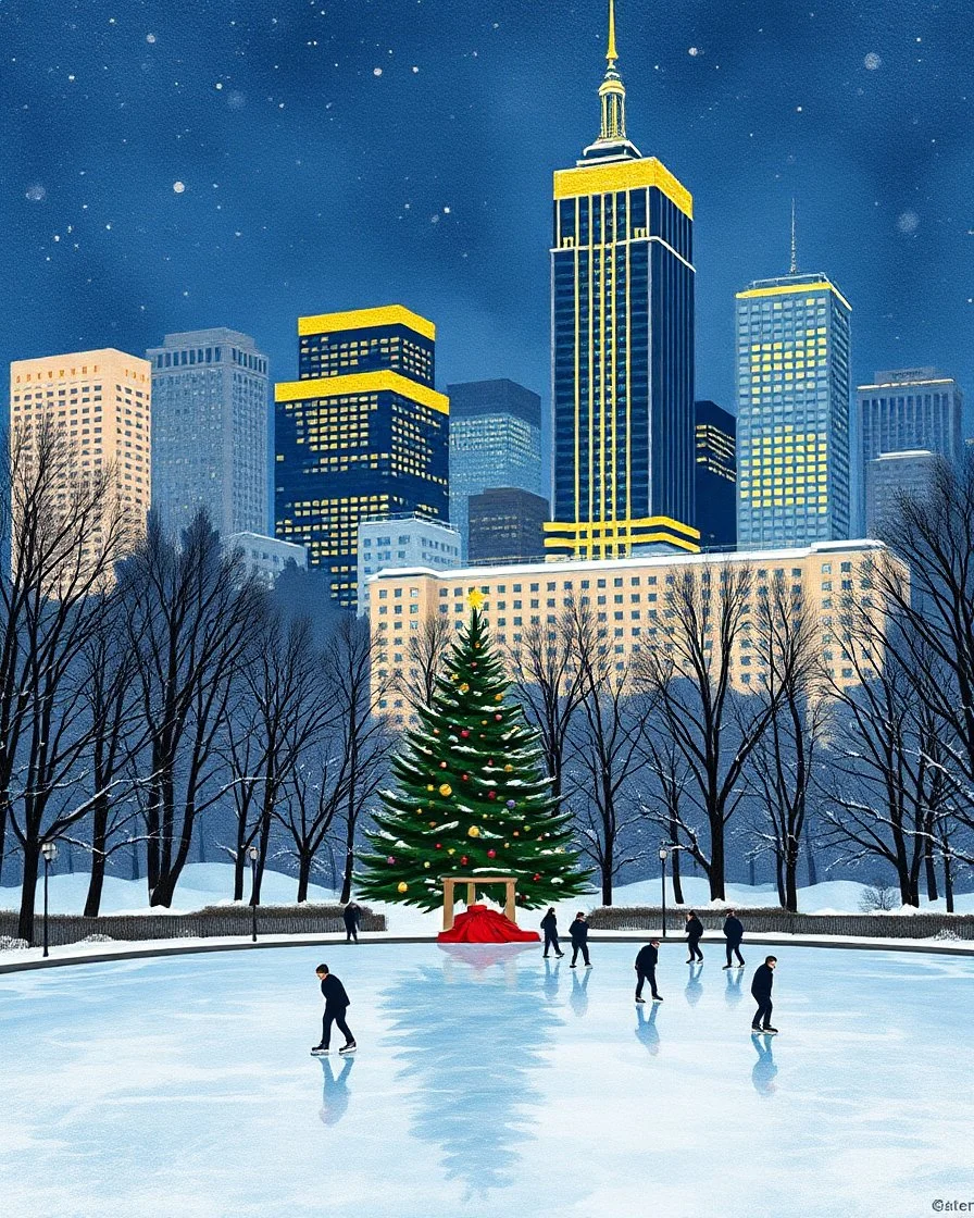 imagine an Art Deco style watercolor painting with gold foil applied to buildings. image of a Winter Park with a frozen pond, a Christmas tree, ice skaters, in foreground. background shows a cityscape with dark blue buildings accents with gold foil and One building is entirely gold foil. Christmas vibes, festive, elegant styling. MY PROMPT ABOVE. I used Microsoft Designer to create these images. I love how they turned out!