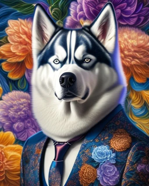 Hermoso perro Husky Siberiano con traje y corbata máximalista intrincado detallado impactante obra de arte impresionista 4k