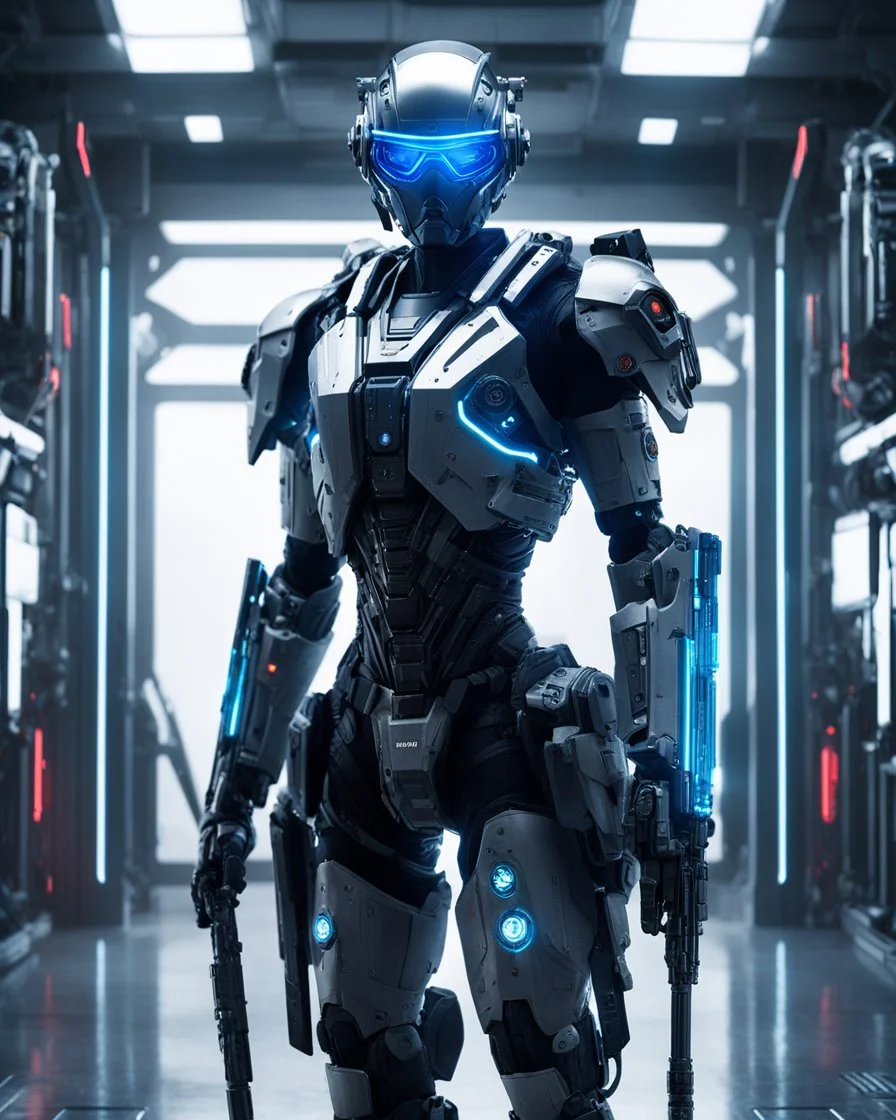 cinematic colors Length picture full body of Futuristic sci fi of a mechanized cyborg police SWAT .high key lighting, 3d bas relief, front view clock, glowing neon nixie eye, wire whiskers cyborg high contrast colors,standing pose hold weaponry,futuristic shoes,laboratory digital holograms and weapons storage room background