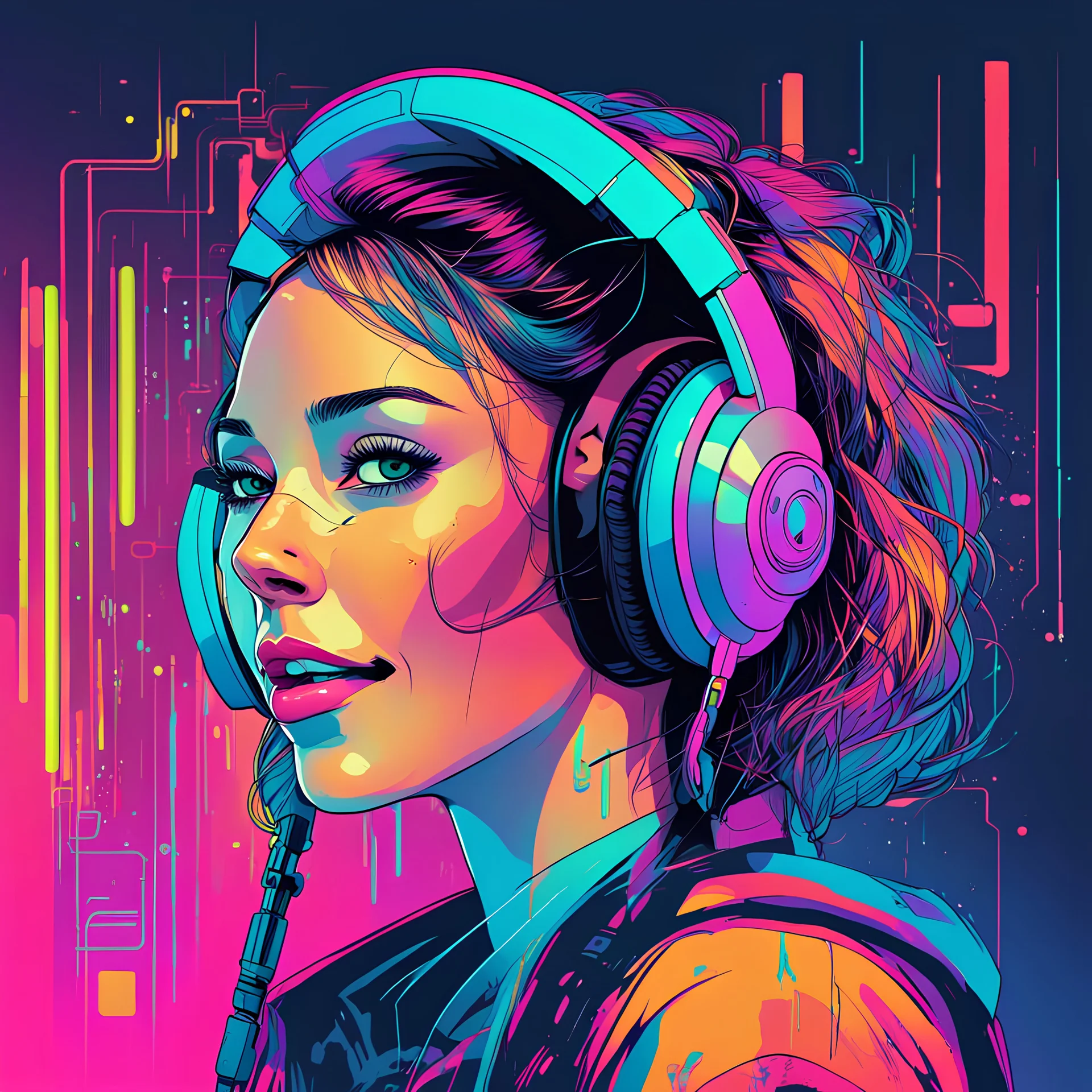 Generate a cyberpunk-inspired vector illustration of a young woman's face with a joyful expression, wearing futuristic-looking headphones. Place her in a colorful study room with vibrant and neon cyberpunk elements. Emphasize clean vector lines, bold colors, and a futuristic atmosphere. Capture the joy of the girl as she listens to music, and incorporate cyberpunk aesthetics into the details of her expression and the study room.