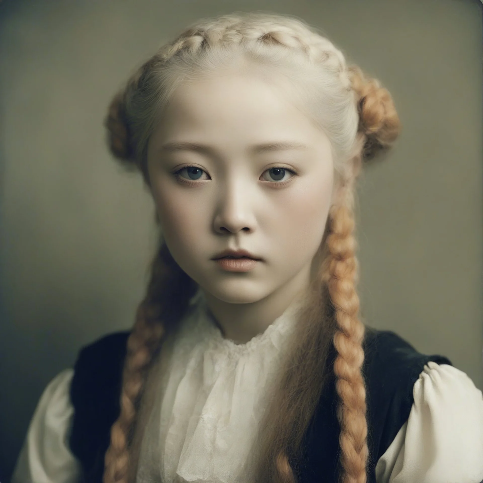 Old autochrome of devon aoki ,with orange cheeks, weird white braids., , in 1780s