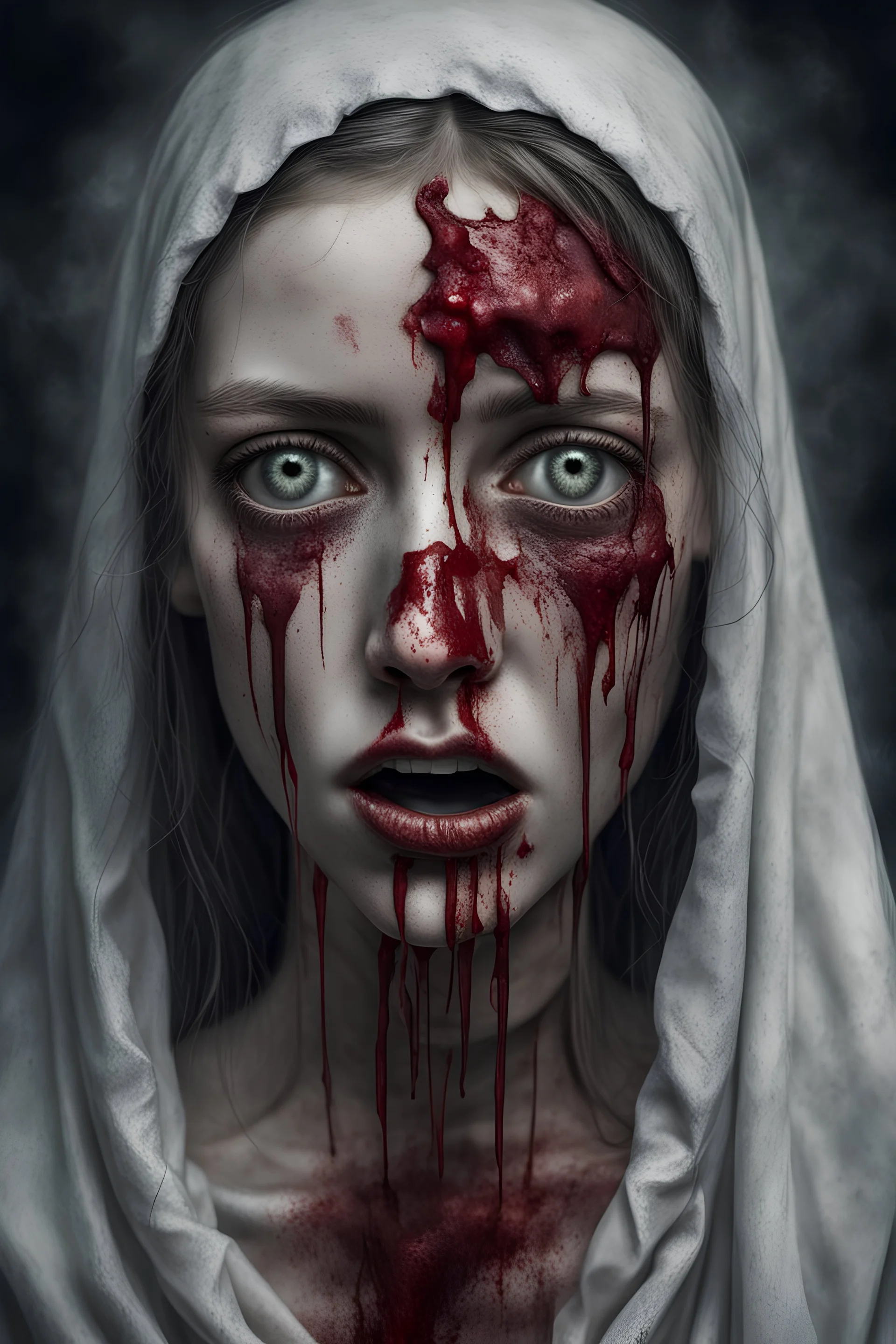 A horror digital realism portrait of a saint blind girl with gloomy eyes and bleeding mouth her soul out pain pain pain lost and broken heart