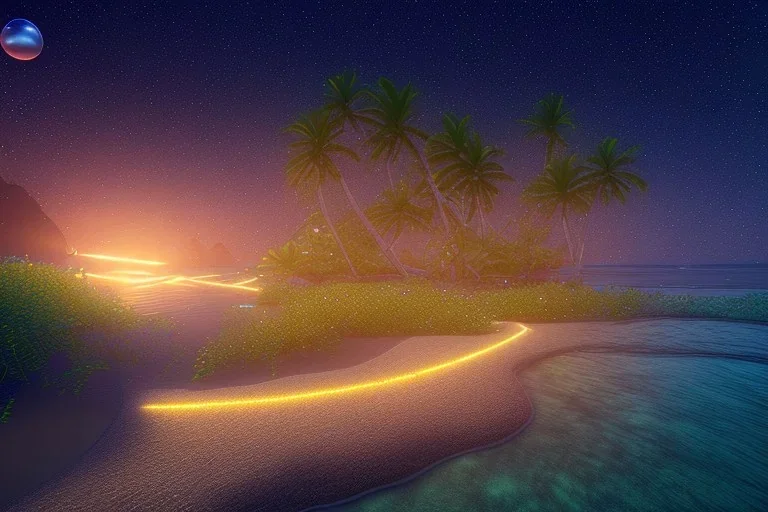 polinesian beach, shore ,shoreline, beautiful, path, stars, night time ,trail, lights glowing ,colorful ,nightsky, water, peace, magical, sanddollar with crystal irridescent glowing , ocean, hyperrealistic, cinematic lighting, particles, unreal engine, full of details, bright sunshine, light effect, photos realistique, vaporwave colorful, extremely sharp detail, finely