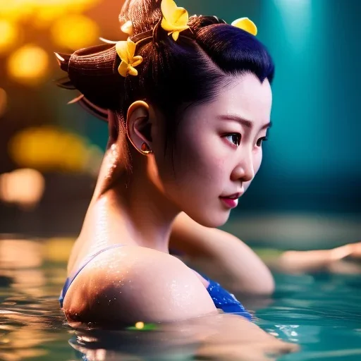 Chun-li underwater with yellow flowers for hair, closed eyes, rtx, reflection, 8k, glow, winning photography, caustics