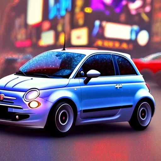 Disney 3d car, fiat 500, with black wheels, in Times square, art photography, soft focus, intricate, highly detailed, artstation, sharp focus, cinematic spot light, illustration, art by artgerm, ultrarealistic UHD face, 85mm, Canon, bokeh, blue background, stunning