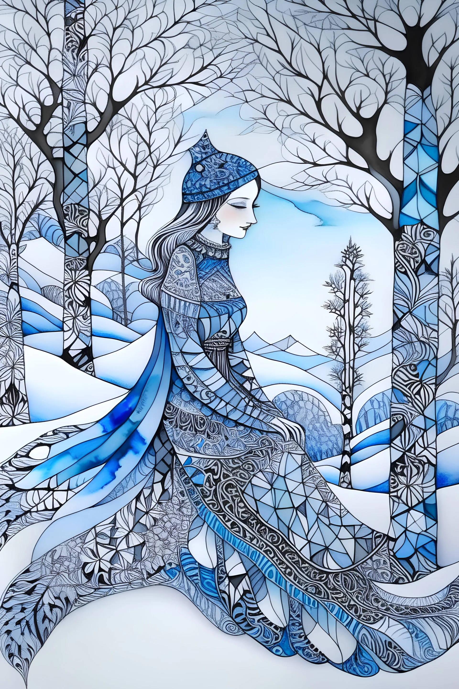 winter, 3D, Zentangle, elegant, surreal, beautiful acrylic art, watercolor patchwork,