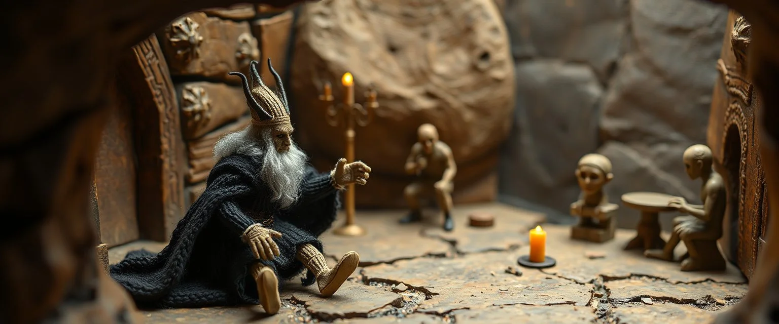 pin hole picture, miniatures on fake scene,master oil painting by Rembrandt, good afternoon disney bitch scary stone age vampire king, close up on a stupid knitted doll trying to explain something weird, in the style of HR Giger