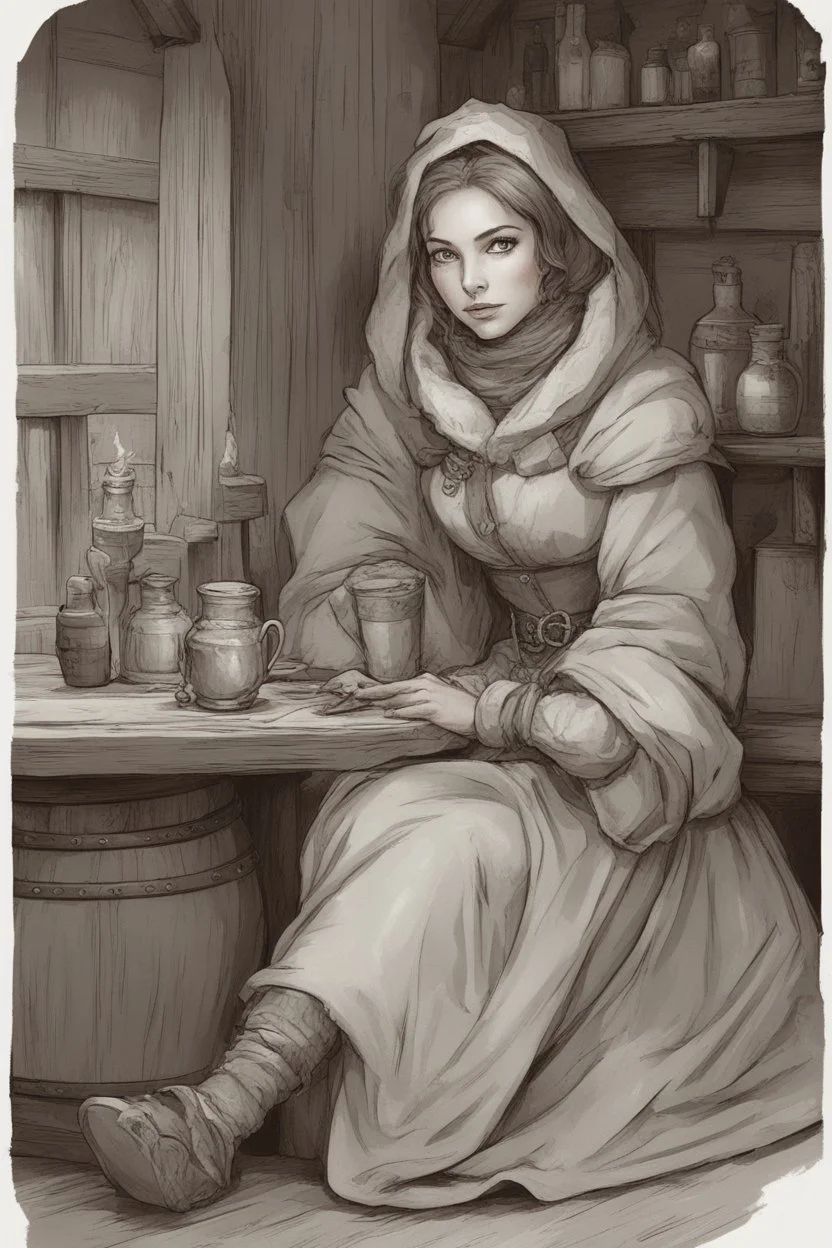 DnD style, medieval beautiful woman dressed in warm winter clothes sitting in a tavern