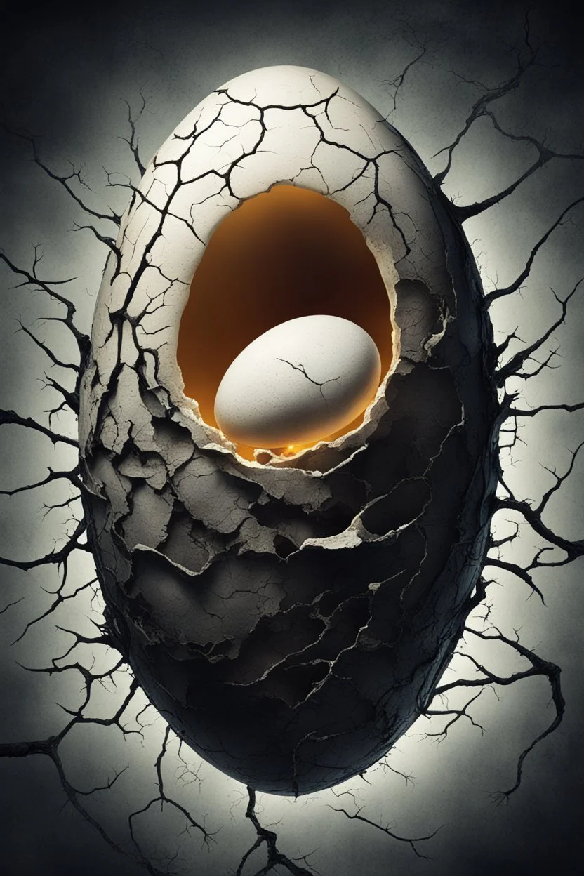 a haunting image of an embryonic human emerging from a cracked egg