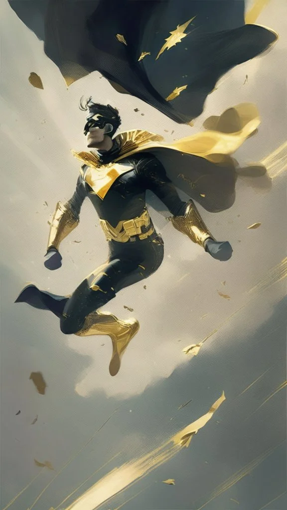 hero with gold and black clothes flying through the sky