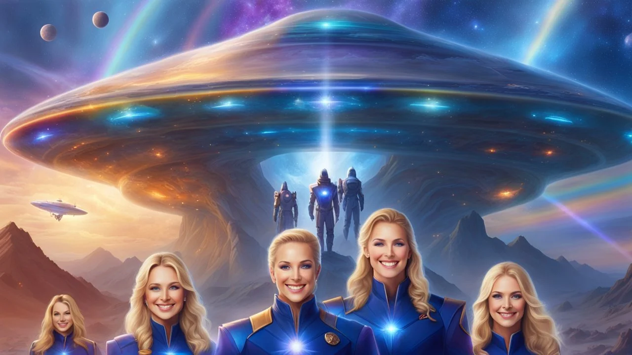 ufos rainbows,beautifuls paysages, fantastic colours,cosmic woman ,beautiful ufos rainbow, admiral from the future, galactic confédération, fine whole face, crystalline skin, expressive purple eyes,rainbow, smiling lips, very nice smile, costume pleiadian, Beautiful tall woman pleiadian Galactic commander, ship, perfect datailed golden galactic suit, high rank, long blond hair, hand whit five perfect detailed finger, amazing big puple eyes, mouth, high définition lips, cosmic happiness, bright