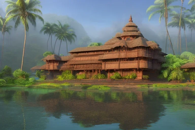 huge old Konkan house, in the forest, lake, misty, hyper-realistic, hyperdetailed, high-octane render