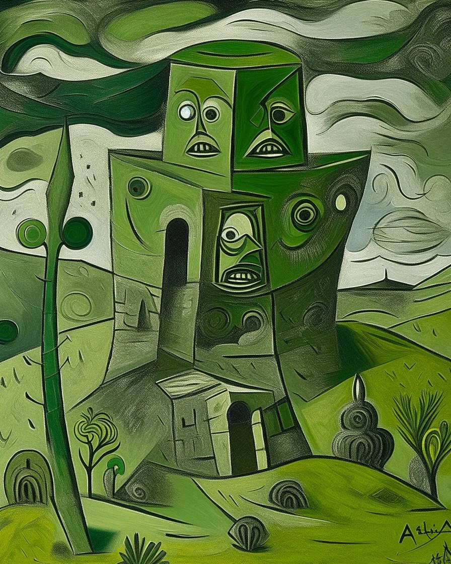 An olive green paranormal nuclear fortress painted by Pablo Picasso