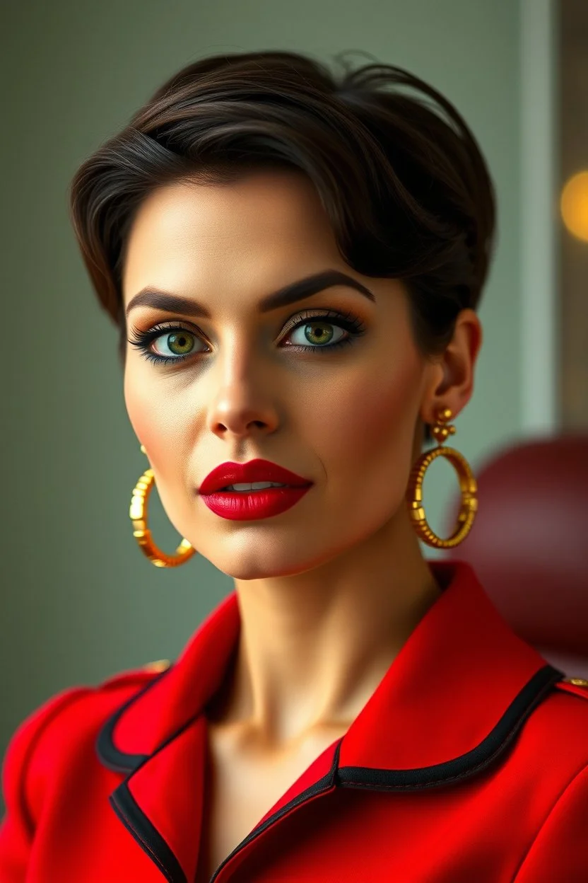 very feminine, brunette 50 year old sexy French stewardess in red uniform with pixie cut and strong, seductive makeup, smoky green eyes, large thick pouty bright red lips and large golden earrings who looks a bit like Elodie Cherie or Jeanna Fine