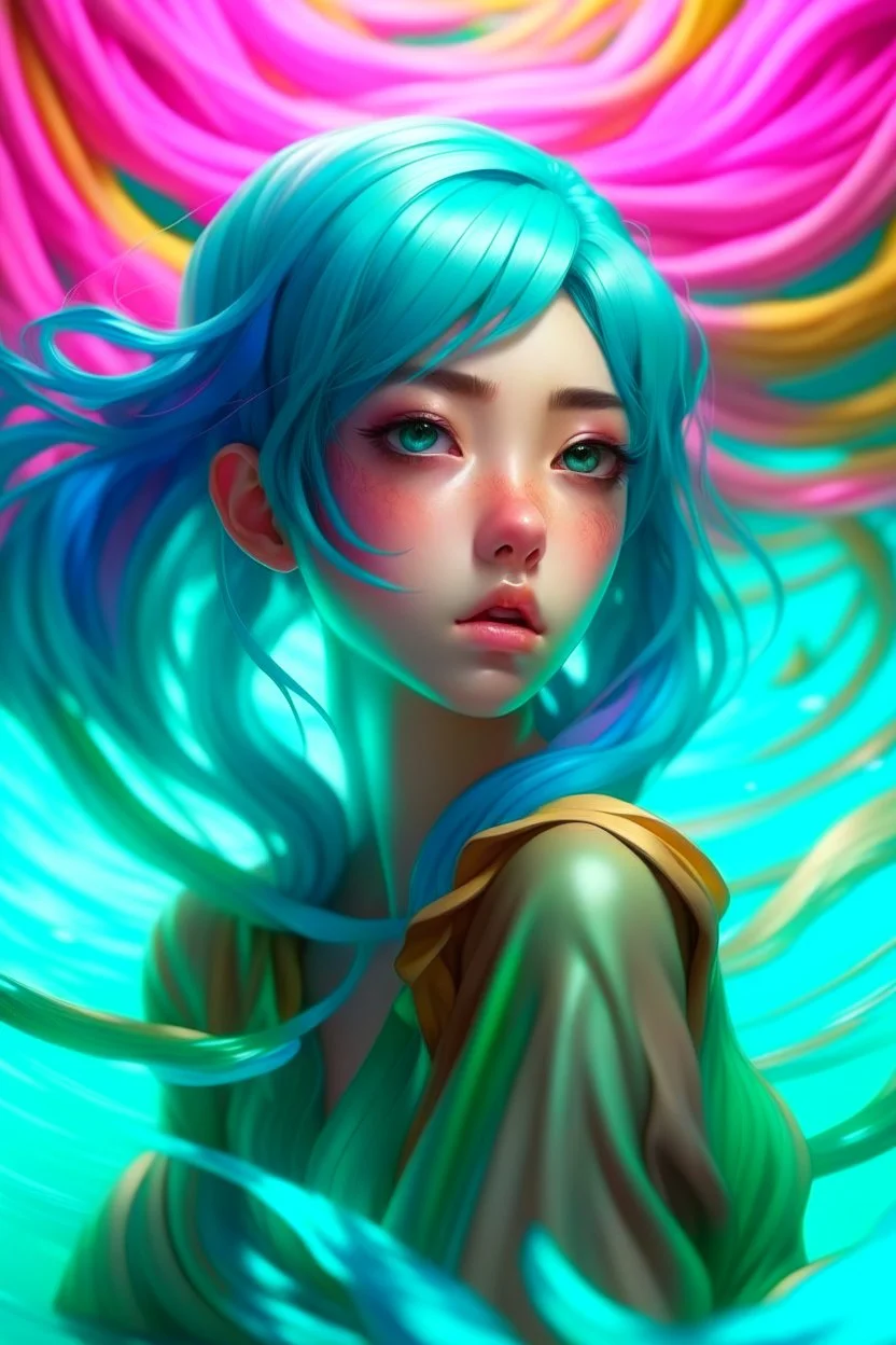 A stunning Anime girl suspended in a kaleidoscope of colors, captured in a photorealistic, cinematic photograph, as if plucked from a dream sequence. Her vibrant turquoise hair flows like a river, contrasting with the muted, earthy tones of her skin, set against a gradient of iridescent pinks and purples, evoking a sense of ethereal mysticism. Soft, cinematic film grain textures the image, infusing it with a sense of nostalgic warmth, as if lit by the flickering lights of a vintage cinema.