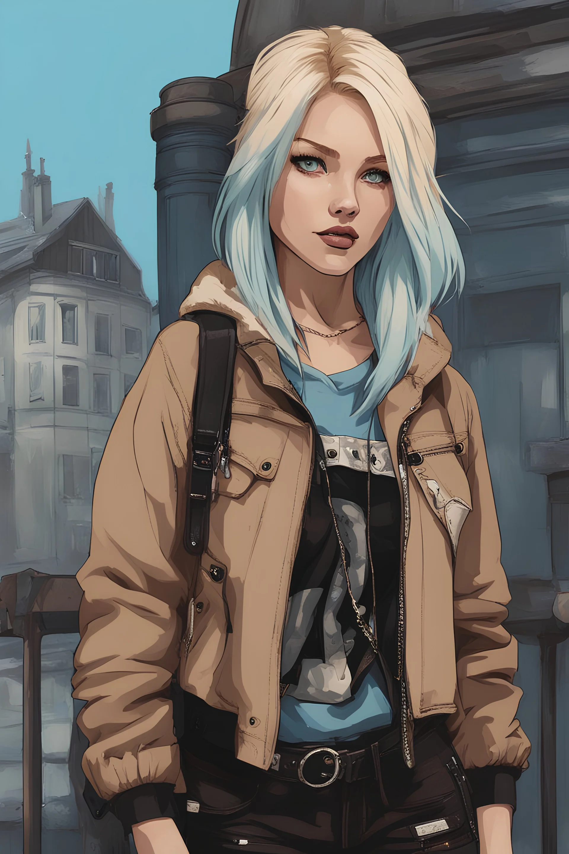 sewer punk swedish lady, jacket, blonde hair gradient light blue, brown, blonde cream and white color scheme, grunge aesthetic.