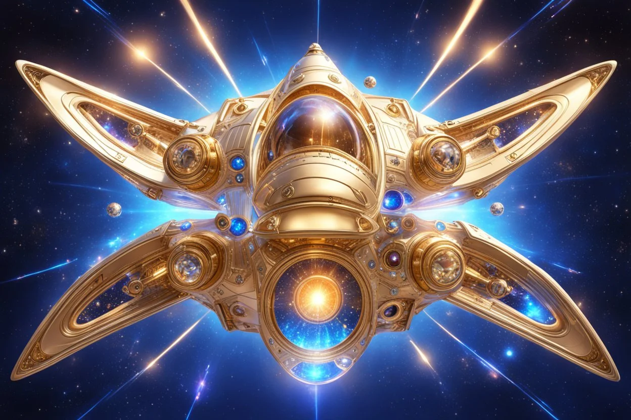 beautiful bright futuristic cosmic flat golden spaceship with a little crystal jewel windows and to the bottom magic bluebeam, it has a female energy, flying in a brightness cosmic universe with brightness light and stars and extraterrestral planet