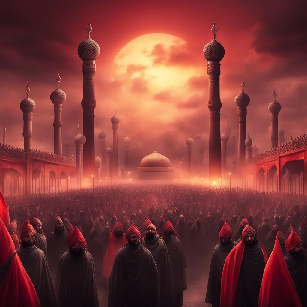 Hyper Realistic Karbala Ashura Procession Background at red cloudy sunset