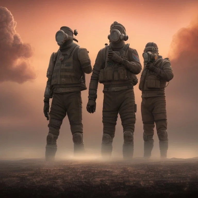 3 hommes en uniformes russes 2022, masque à gaz noir, 4k, réaliste, ville dévastée, explosion nucléaire en fond, missile dans le ciel, couleurs vives, close up