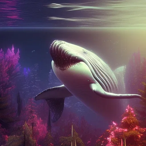 Nature, whale, on color lights, night, unreal 5, octane render, cinema4d, redshift render, hyper realistic, cenematic, vibrancy, synthwave, retouch, centered, dynamic lighting, dramatic lighting, 4k, highly detailed, attractive beautiful, realistic, virtual reality, epic composition, holographic,