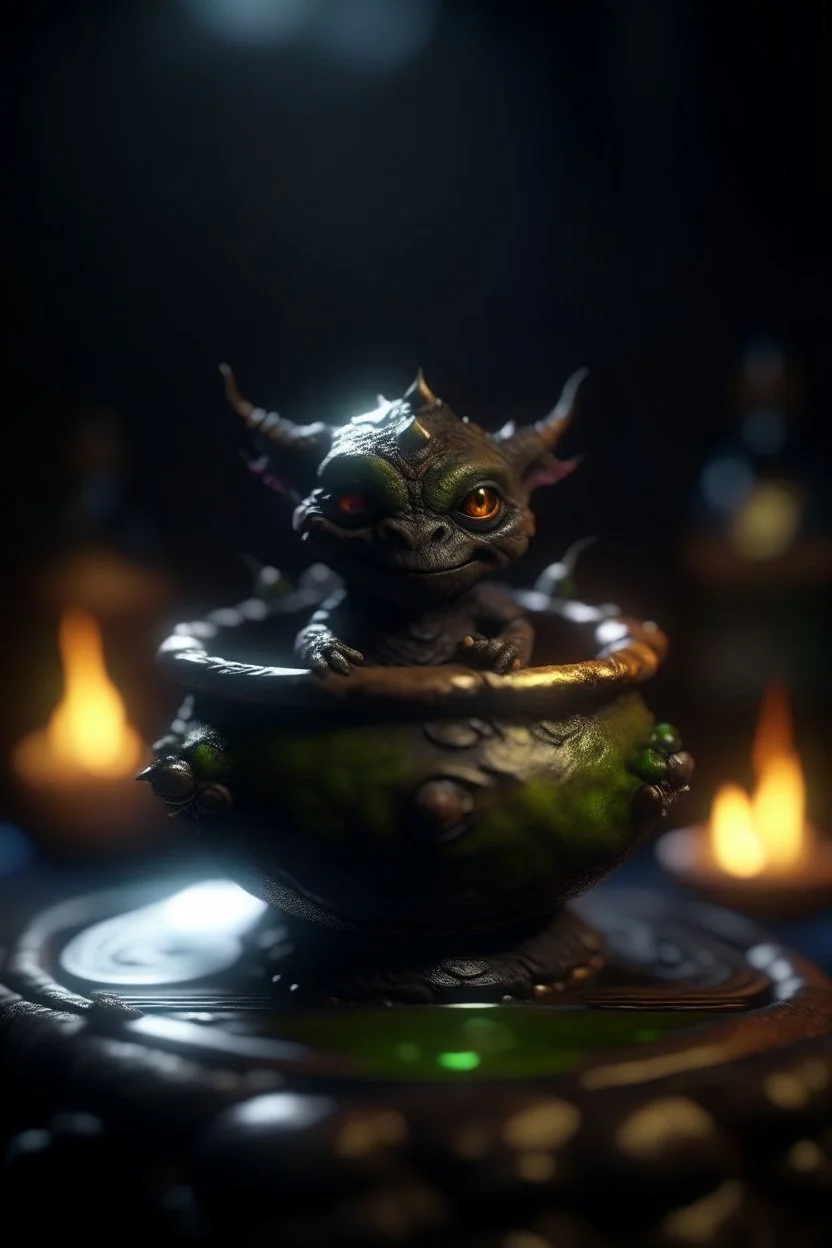 nightmare, cauldron with shining sigil and containing a slightly alien imp furry gremlin in it, prize winning oil painting, ,bokeh like f/0.8, tilt-shift lens 8k, high detail, smooth render, down-light, unreal engine