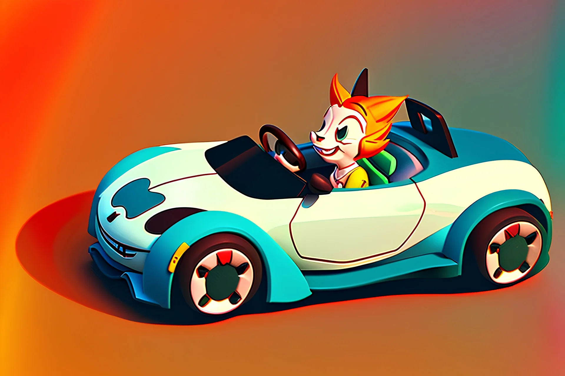 whimsical cartoony sports car with a small mascot character driving it, celshaded comic style