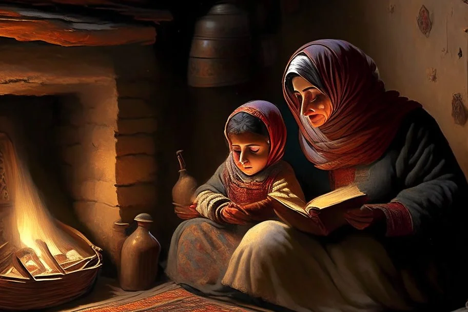 A close-up scene of an Arab mother reading the story from a book with her children around her in the room of the old wooden house near the fireplace 100 years ago.