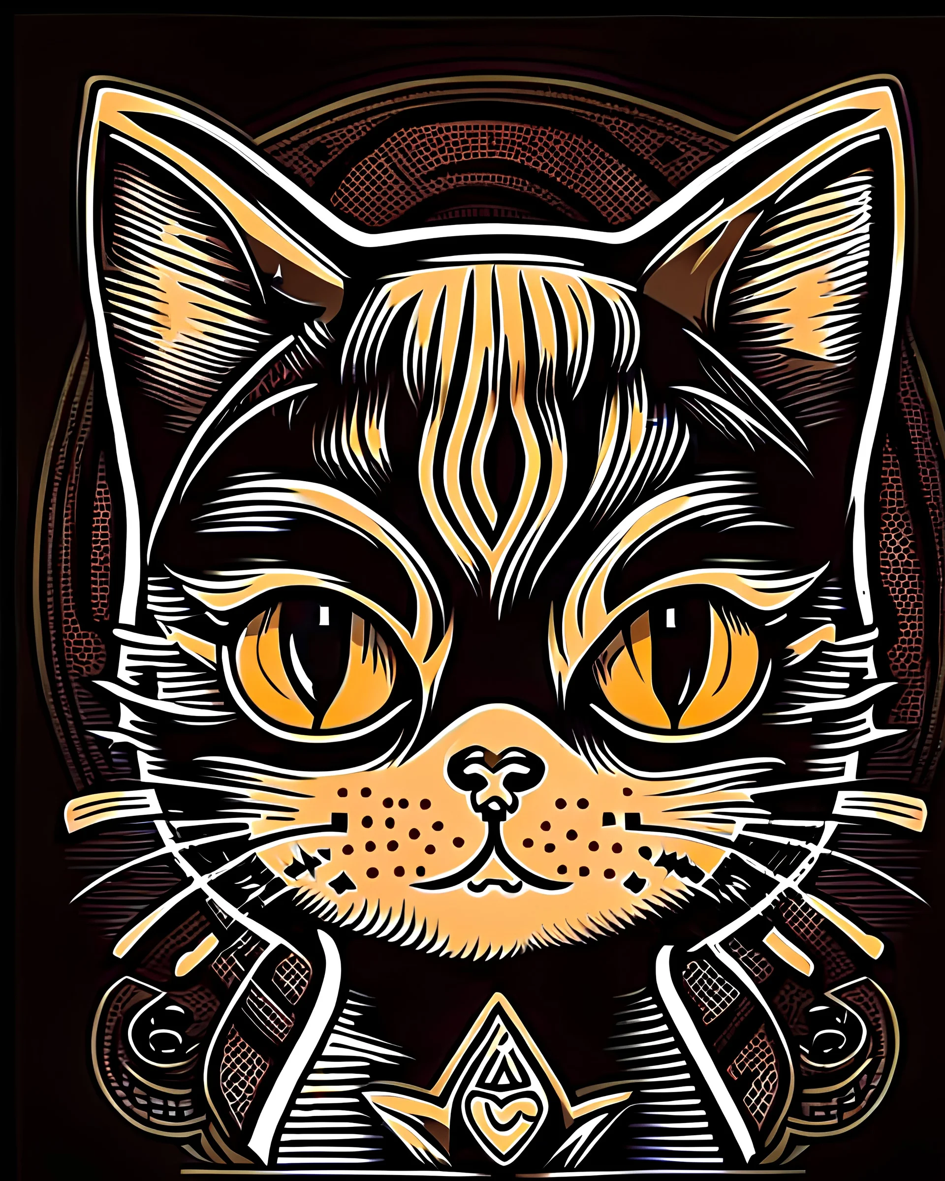Cute cat face cartoon character, shepard fairey style graphic, black simple background.