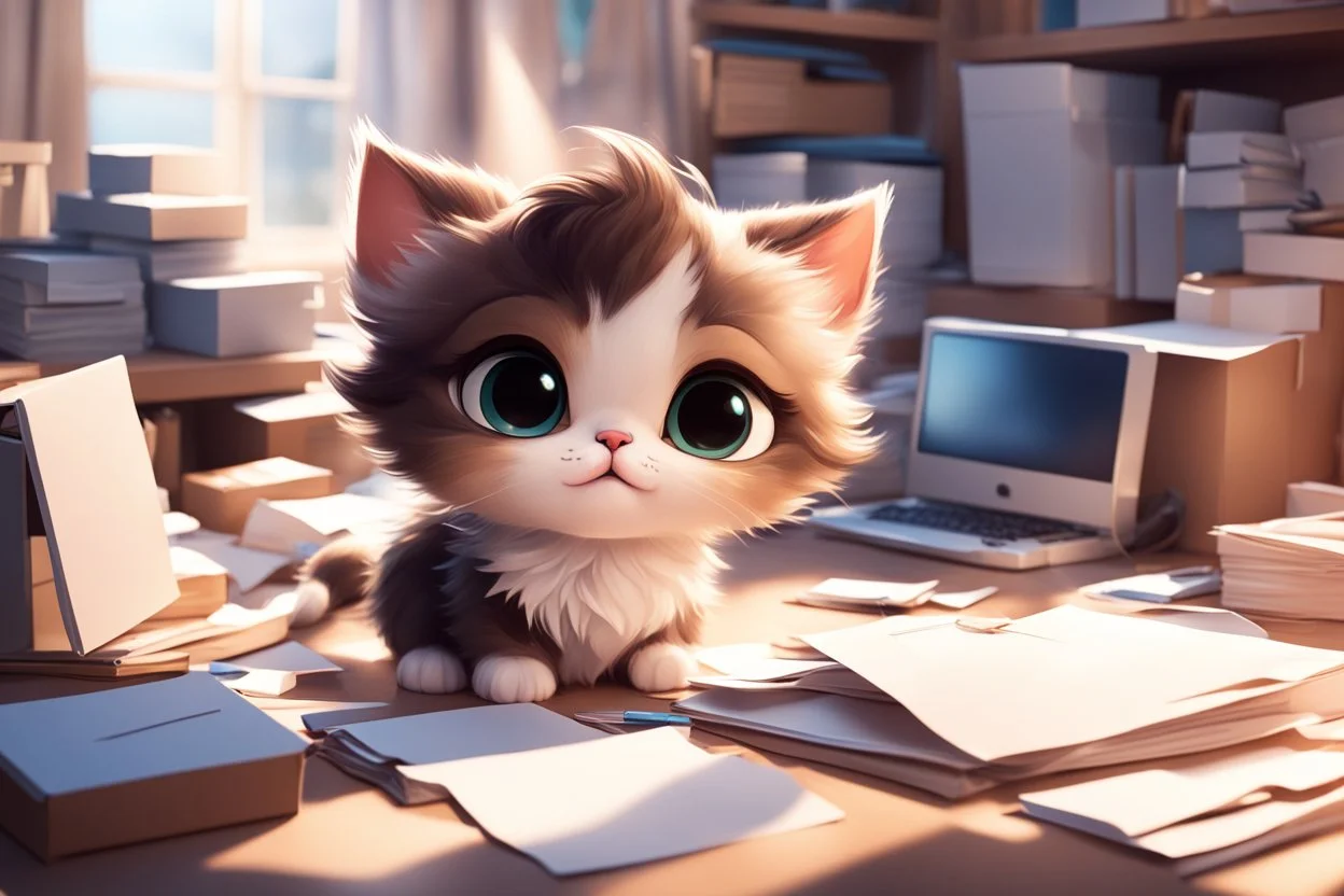 Cute fluffy chibi pixar brunette kitten working very hard at a desk, surrounded by lots of paper, computers and paper boxes, in the sunlight.