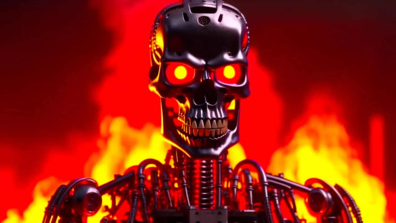 4K portrait of the real-life. Maximum details. Terminator robot, firestarter, radio broadcast logo, flames in the background. Radio