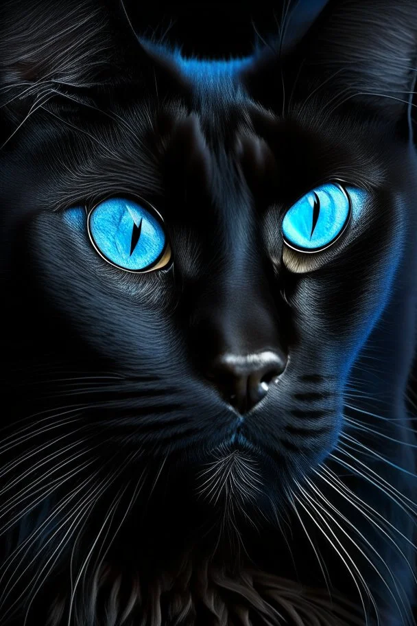 Black cat looking straight ahead with blue eyes, black background