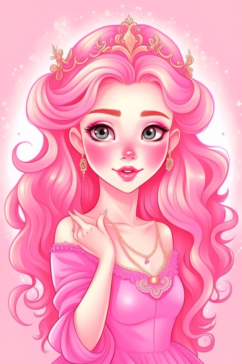 A very beautiful princess with an attractive face, she puts on a nice blush, with light pink wavy hair, and she puts a cute hair tie and puts on beautiful accessories