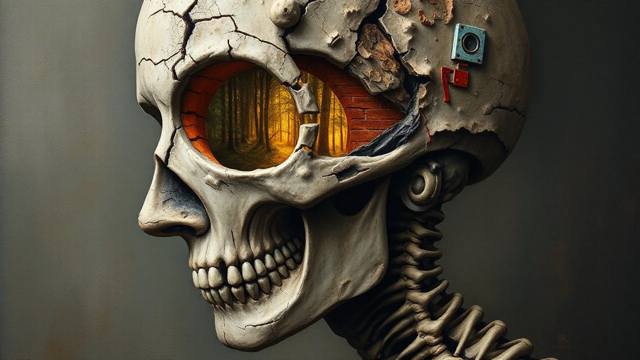 Skin bones stone face, dystopian environment, a forest can be seen through a hole in the side of the head, cracks and peeling in the face, a brain from another time, a divided mind, a portal to the distant future. Deep contrasting colors. Surrealism and abstraction by Angel Planells