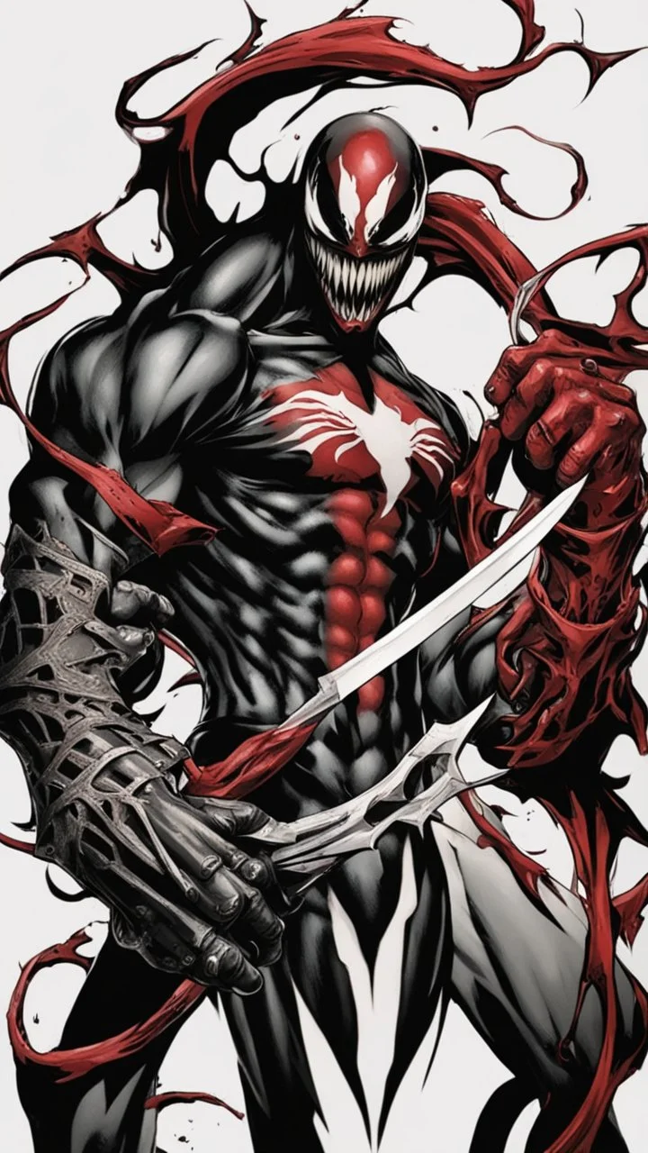 A close picture of Venom symbiote like ghost of Sparta red tattoos and Clothes, holding blade of choice