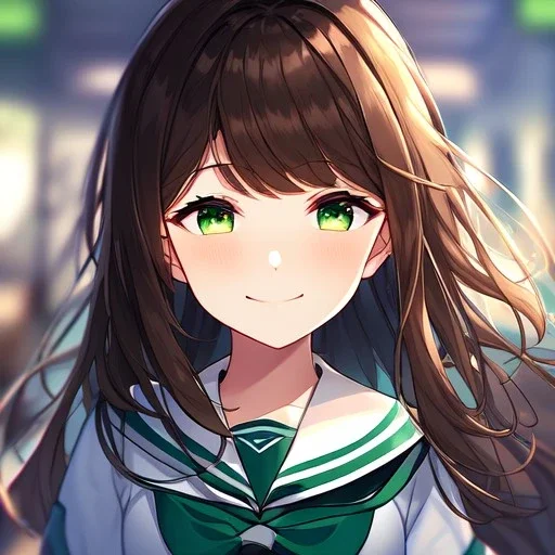 Clear focus,High resolution, brown short fluffy hair, long bangs, and green eyes, Depressed girl, wearing a sailor uniform, Smug smile, half closed eyes, smile, Extreme close up